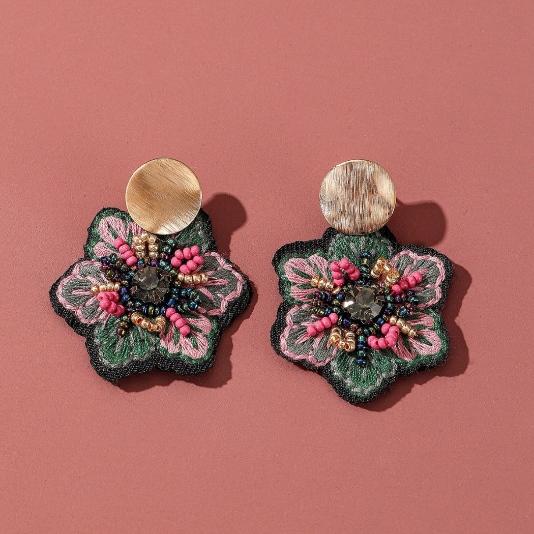 Earwish - Boho Fabric Floral Earrings - Blue / Green