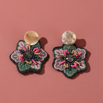 Earwish - Boho Fabric Floral Earrings - Blue / Green