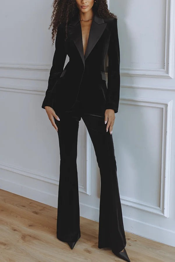 Delicate Daze Velvet Satin Lapel Button Up Long Sleeve Tapered Waist Blazer