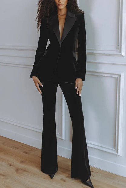 Delicate Daze Velvet Satin Lapel Button Up Long Sleeve Tapered Waist Blazer