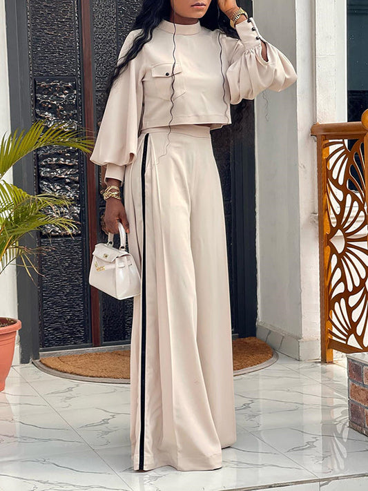 Long Sleeves Wide Leg Buttoned Contrast Color Round-Neck Shirts Tops&Pants Suits