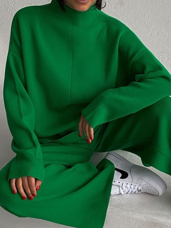 Loose Solid Color High-Neck Sweater Tops&Pants Suits