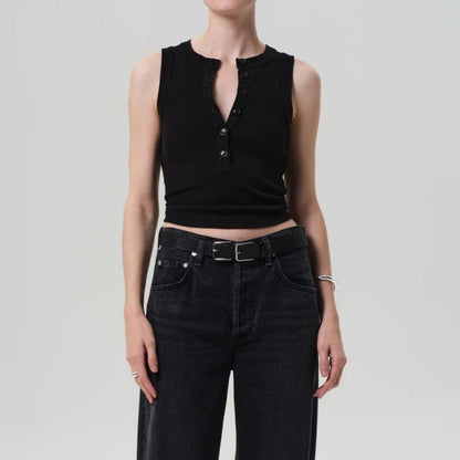 Round Neck Button Ribbed Sleeveless Vest