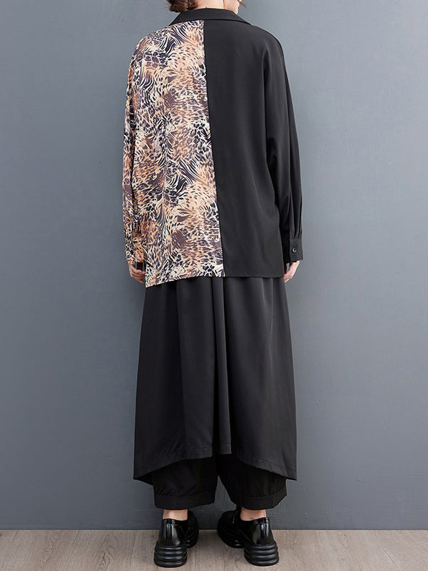 Long Sleeves Loose Contrast Color Printed Split-Joint Leopard Polo Blouses&Shirts Tops + Ninth  Culotte