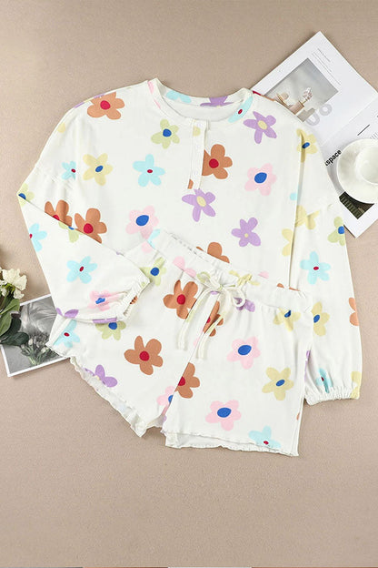 White Floral Print Henley Top \u0026 Drawstring Shorts Loungewear Set