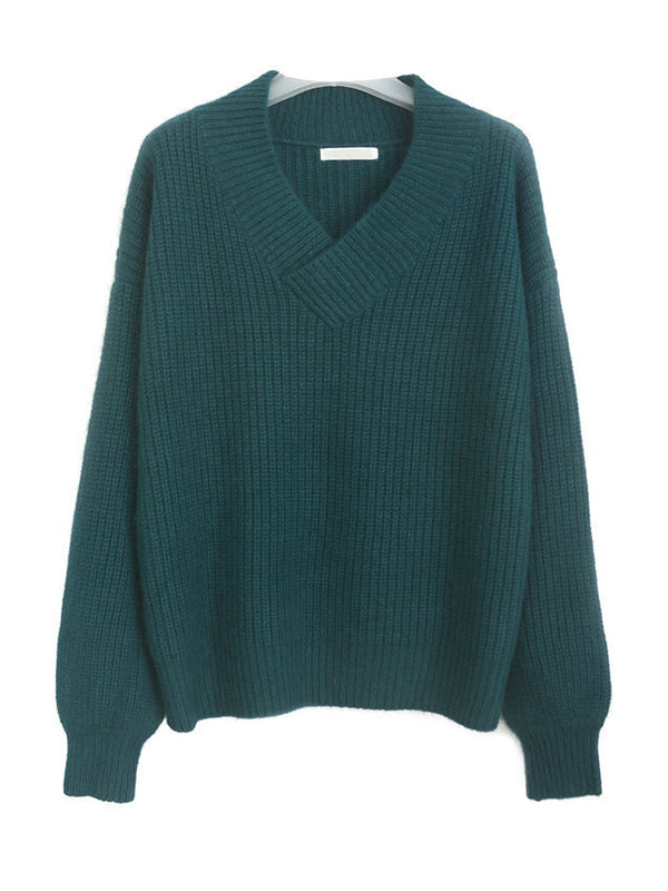 Loose Long Sleeves Solid Color V-Neck Sweater Tops