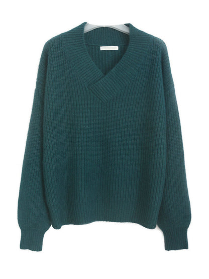 Loose Long Sleeves Solid Color V-Neck Sweater Tops