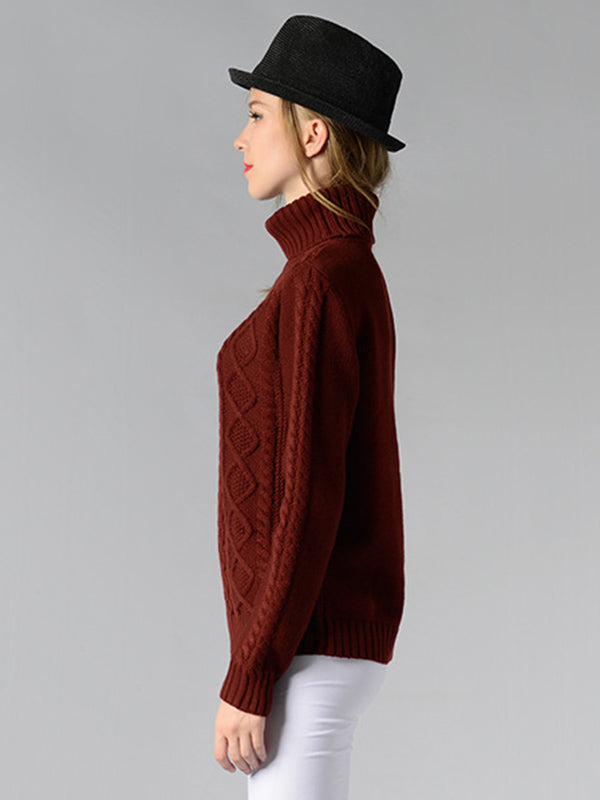 Casual 5 Colors Jacquard High-Neck Long Sleeves Sweater Top
