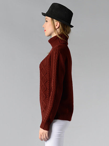Casual 5 Colors Jacquard High-Neck Long Sleeves Sweater Top