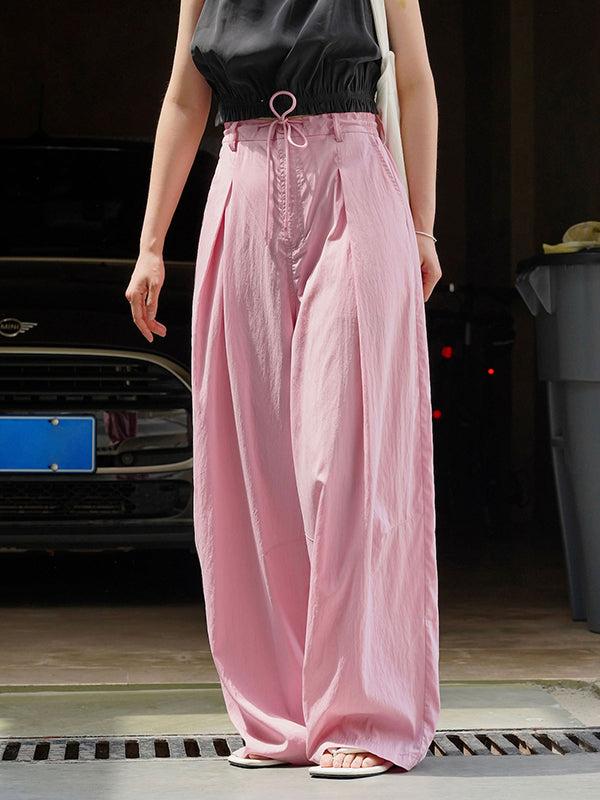 High Waisted Wide Leg Drawstring Pleated Solid Color Casual Pants Bottoms