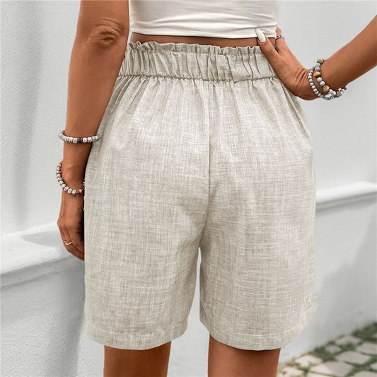 Button Decorated High Waist Relaxed Fit Solid Color Shorts