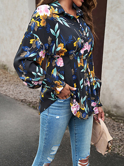 Bishop Sleeve Long Sleeves Buttoned Elasticity Flower Print Pleated Lapel Blouses&Shirts Tops