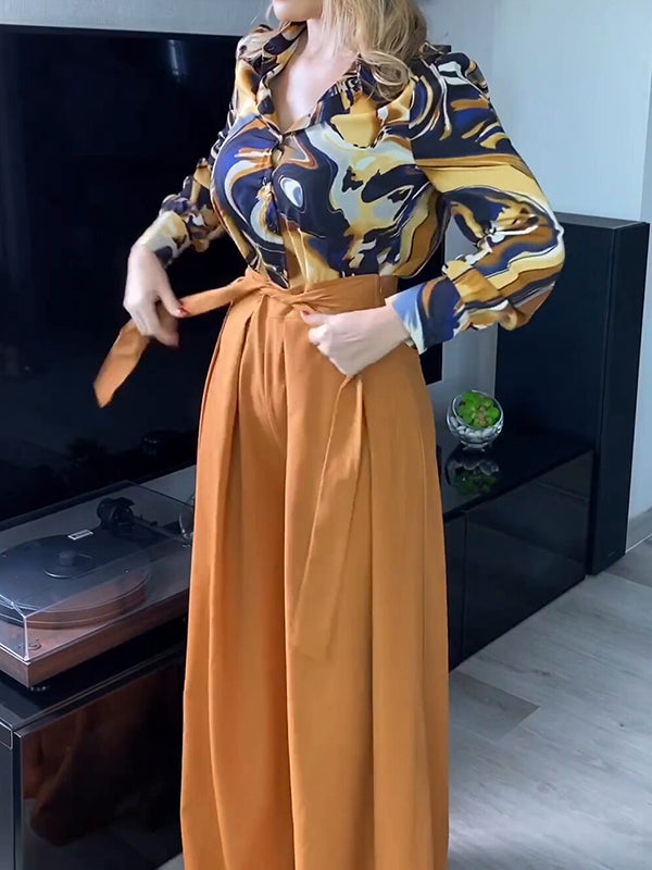 Printed Long Sleeves Buttoned Lapel Blouse + Tied Waist High Waisted Wide Leg Pants Two Pieces Set