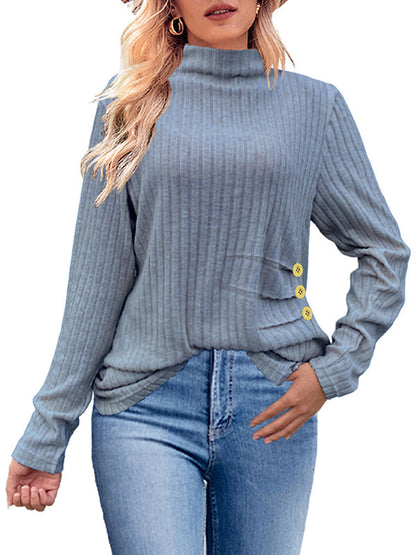Long Sleeves Loose Buttoned Pleated Solid Color High Neck Pullovers Sweater Tops