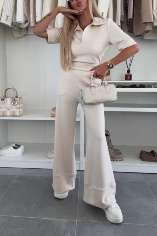 Casual suit short sleeve solid color high waist wide leg pants