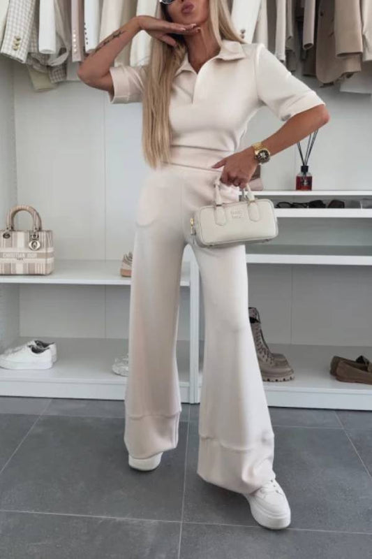 Casual suit short sleeve solid color high waist wide leg pants