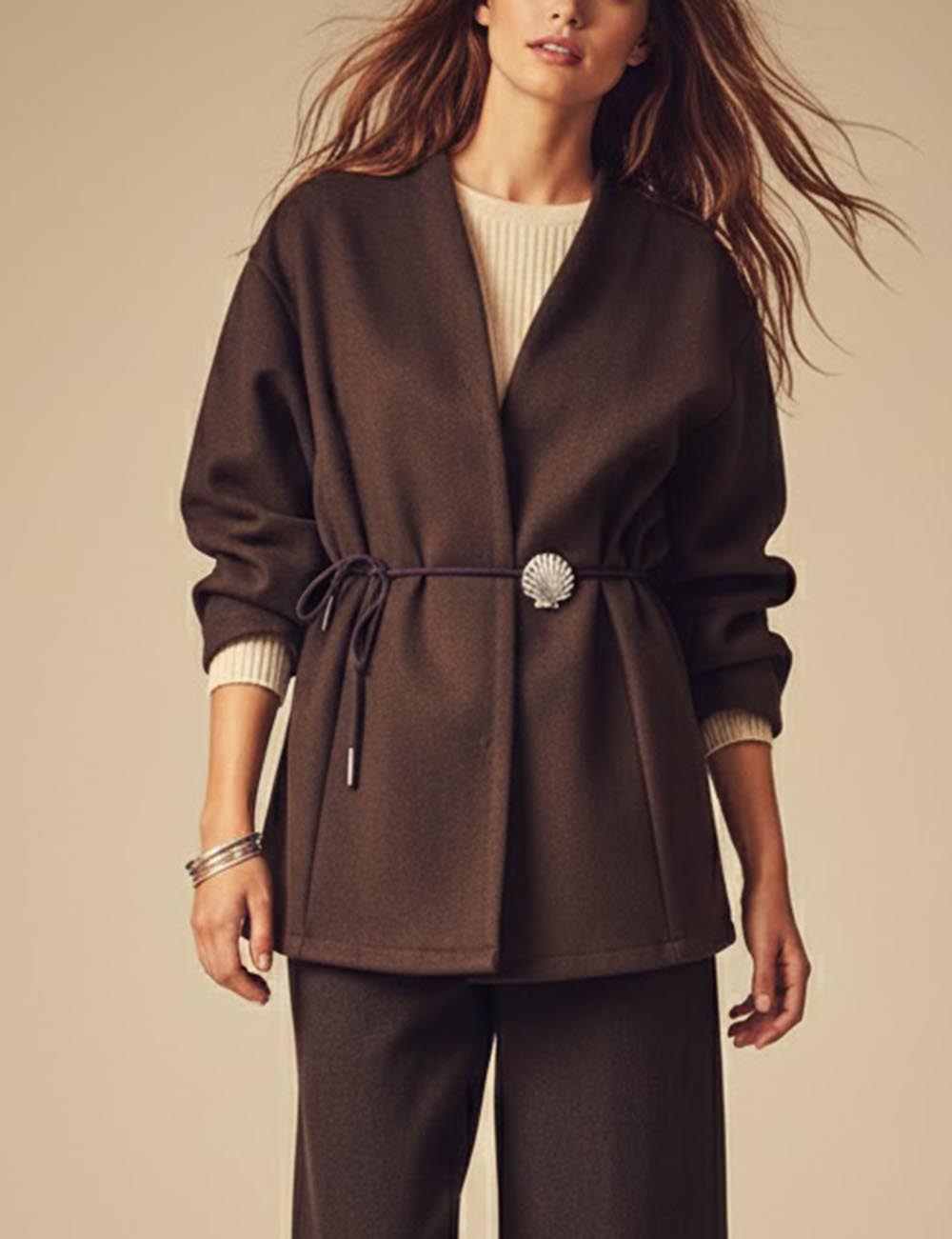 Brown V-Neck Shell Waist Tie Loose Jacket