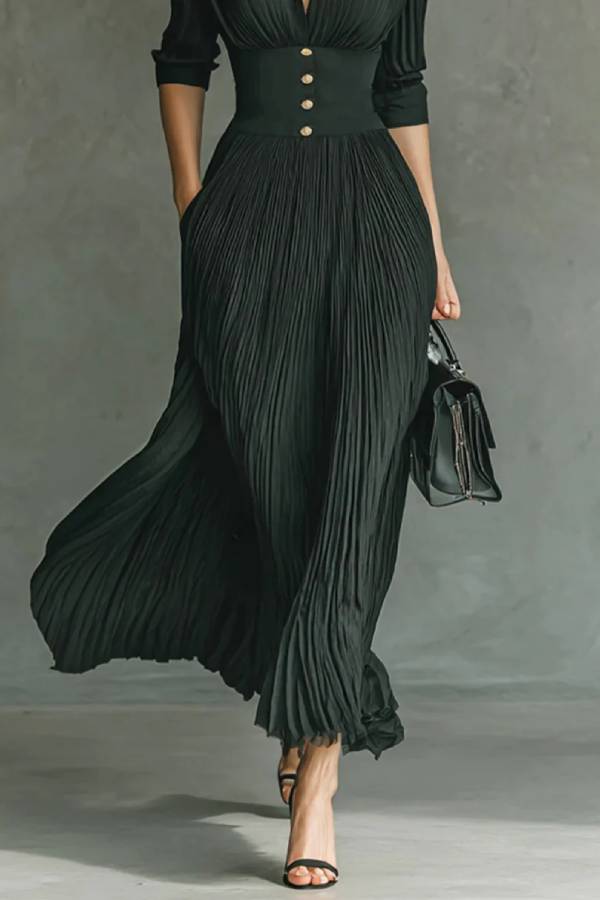 Elegant Pleated Lapel Waisted Long-sleeved Maxi Dress