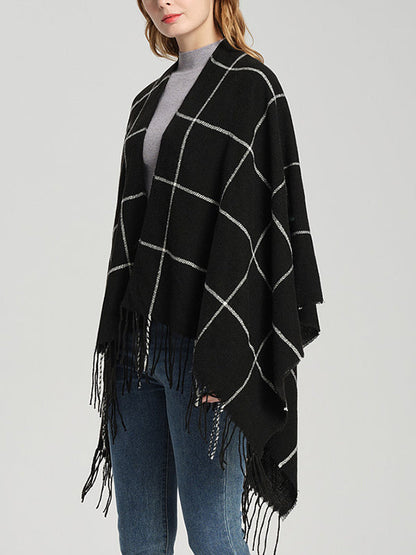 High-Low Long Sleeves Keep Warm Plaid Split-Side Tasseled Shawl&Scarf
