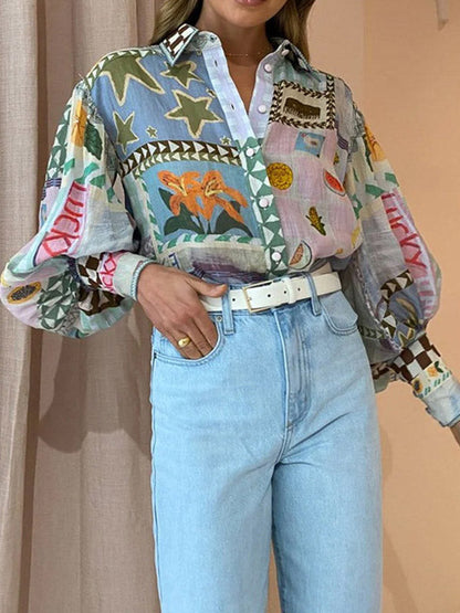 Loose Flower Painted Buttoned Puff Sleeves Lapel Collar Blouses