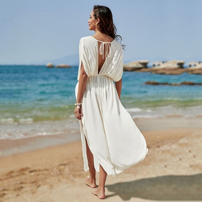 Half-Sleeve Deep-V Solid Color Loose-Fit Cover-Up