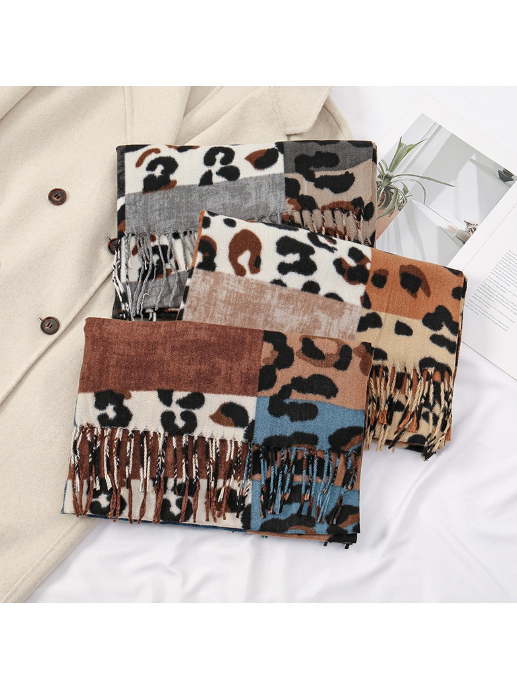 Sscarvii - Leopard Patchwork Tassel Winter Scarf