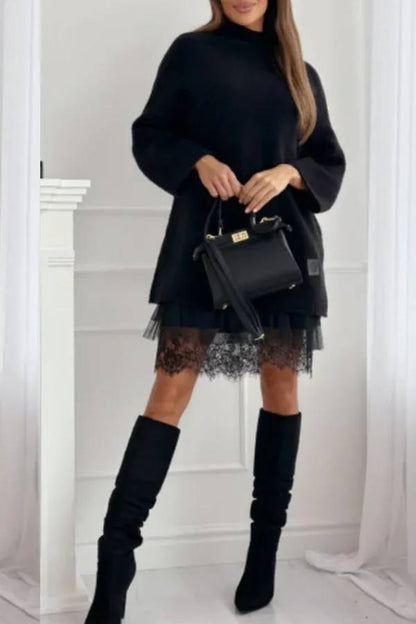 High-neck lace-trimmed long sweater