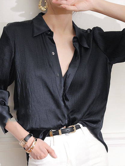 Solid Color Pleated Comfort Buttoned Long Sleeves Lapel Blouses