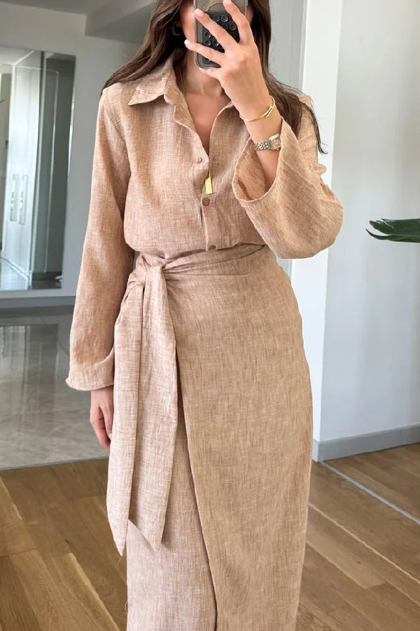 Casual Lapel Shirt \u0026 Lace-Up Two-Piece Overskirt Set
