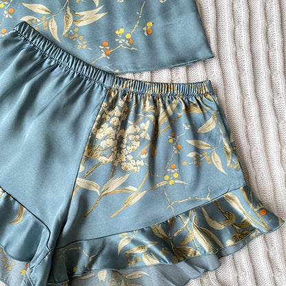 Cherry Blossom Pattern Faux Silk Pajama Set (2-Piece)