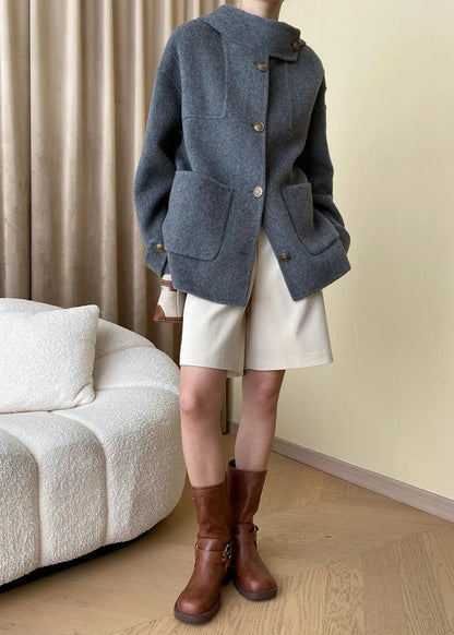 Wool Blend Buttoned Coat with Stand Collar