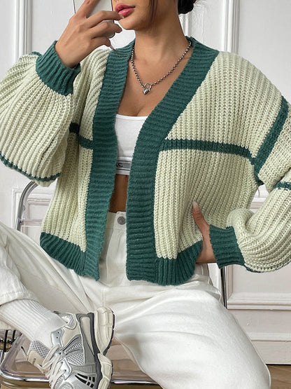 Long Sleeves Loose Contrast Color Cardigan Sweater Tops