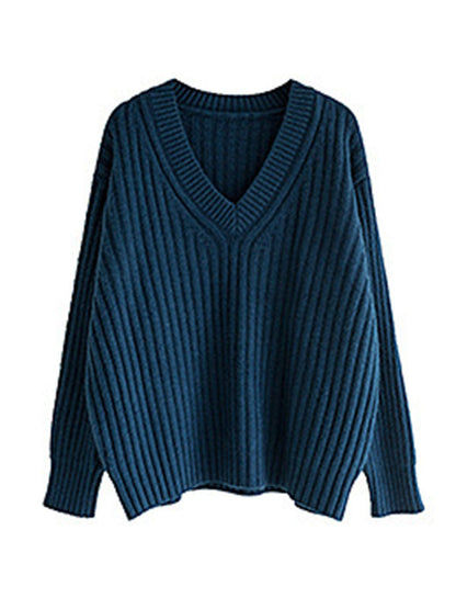 Casual Loose Solid Color V-Neck Sweater Tops