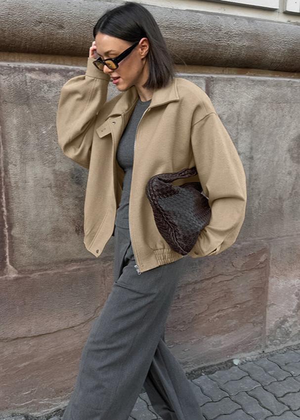 Woolen Lapel Coat Loose Fit Beige Style