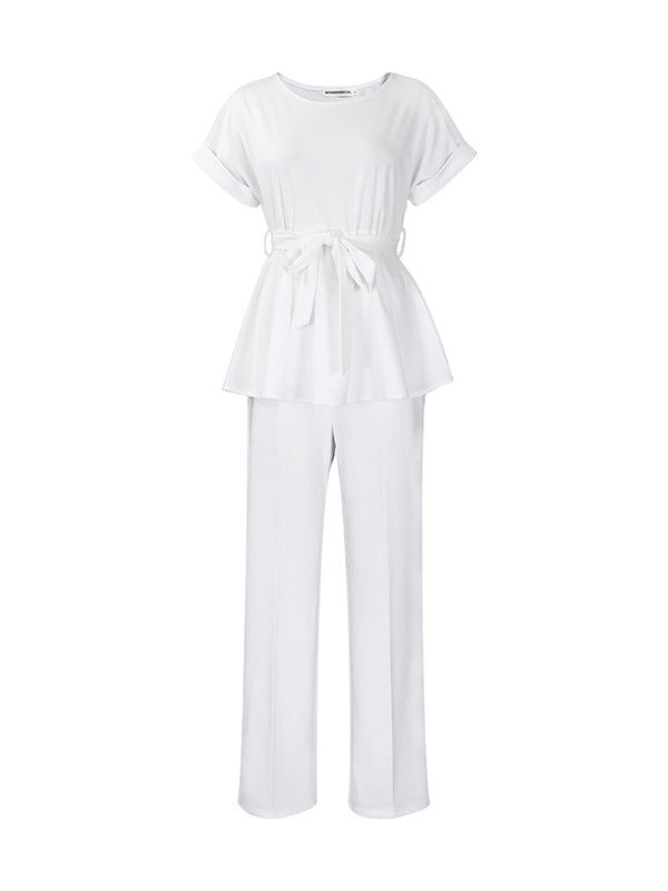Solid Color Short Sleeves Tied Waist Round-Neck Shirts Top + High Waisted Pants Bottom Two Pieces Set