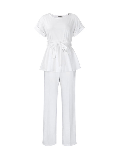 Solid Color Short Sleeves Tied Waist Round-Neck Shirts Top + High Waisted Pants Bottom Two Pieces Set