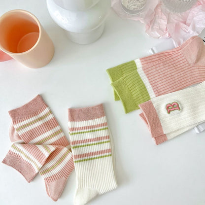 Rufia - Striped Crew Mid-calf Socks - Cute &amp; Sweet