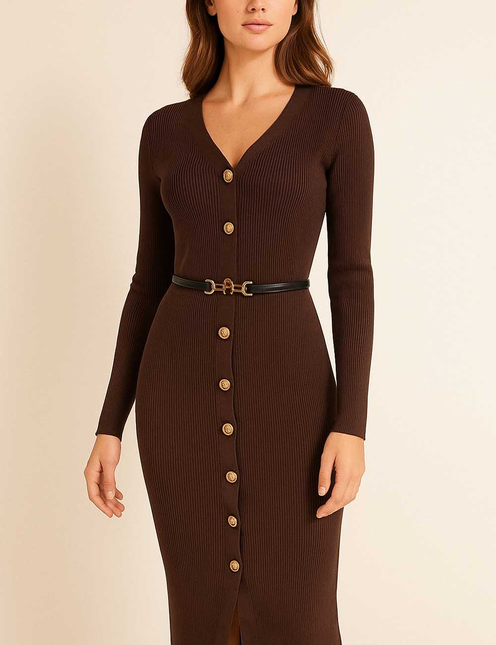 Fall V-Neck Long Sleeve Button Down Maxi Dress