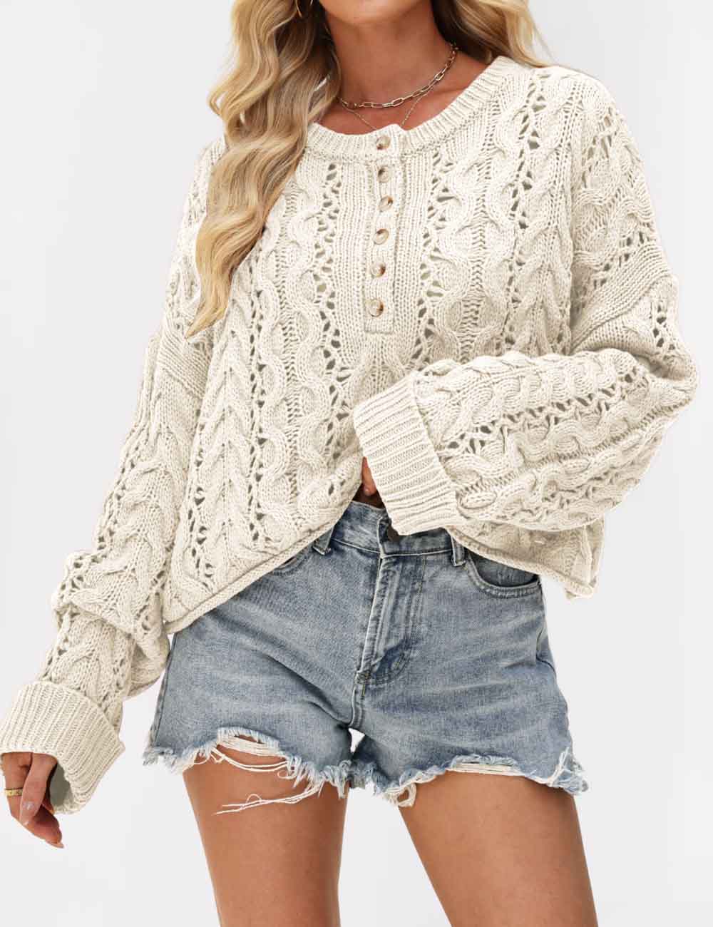 Cable Knit Round Neck Button Pullover Sweater