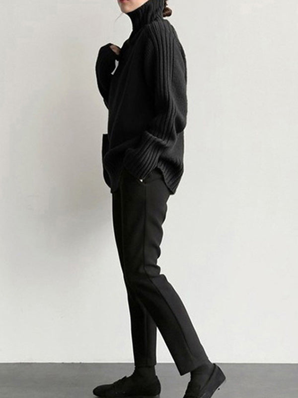 Loose Long Sleeves Solid Color High-Neck Sweater Tops