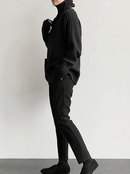 Loose Long Sleeves Solid Color High-Neck Sweater Tops
