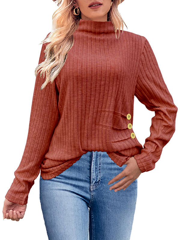Long Sleeves Loose Buttoned Pleated Solid Color High Neck Pullovers Sweater Tops