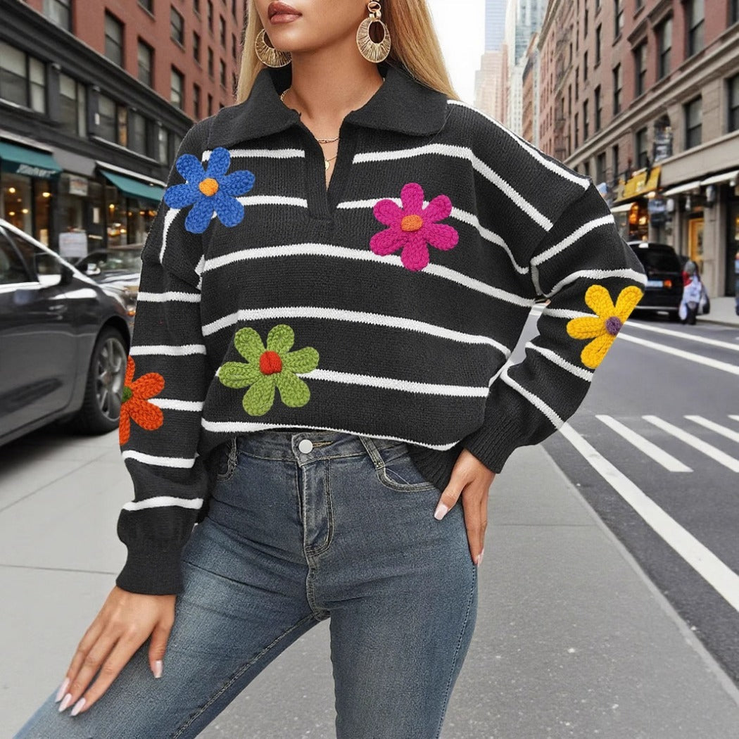 Crosa - Colorblock Flower Polo Sweater