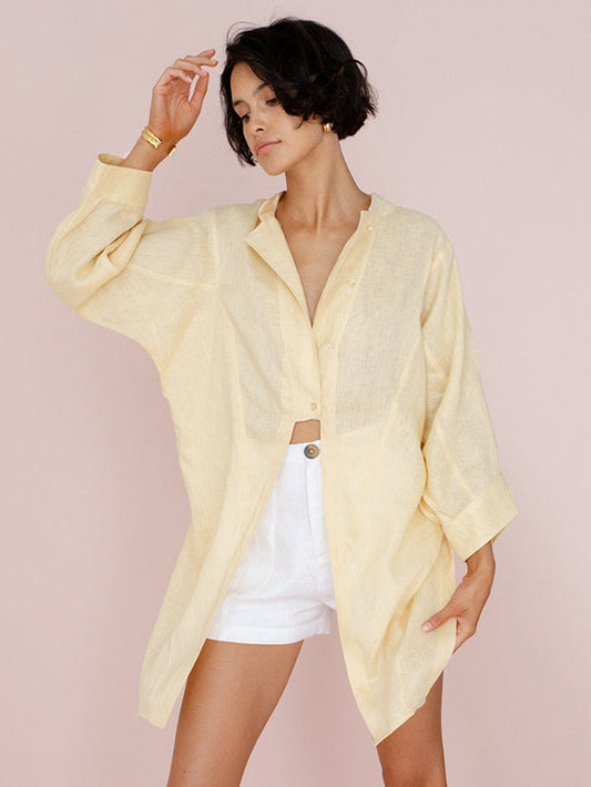 Casual Long Sleeves Split-Front Solid Color Notched Collar Blouses