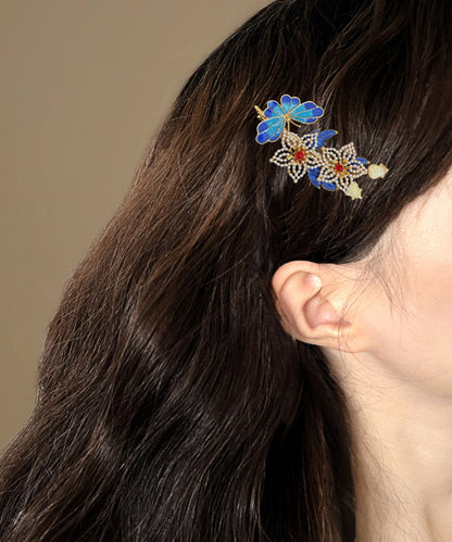 Vintage Blue Sterling Silver Overgild Pearl Cloisonne Floral Hairpin
