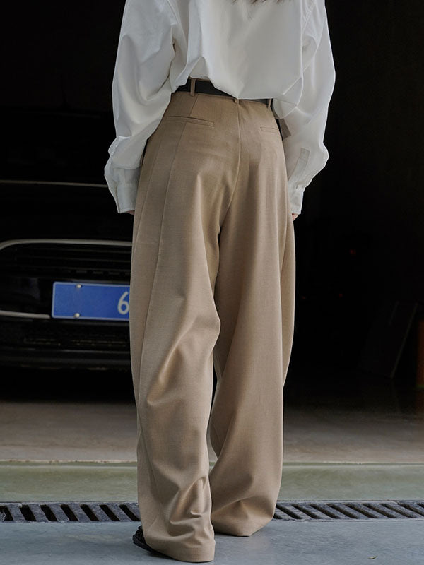 High Waisted Loose Pleated Solid Color Split-Joint Casual Pants Bottoms Trousers