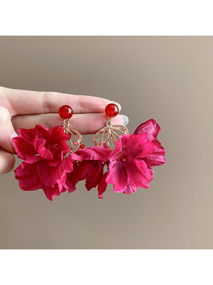 Earwish - Rose Red Floral Tassel Earrings