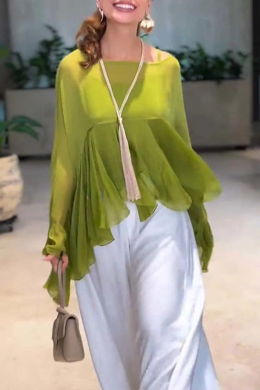 Romantic Journey Chiffon Ruffle Batwing Sleeve Top and Elastic Waist Pocket Loose Pants Set