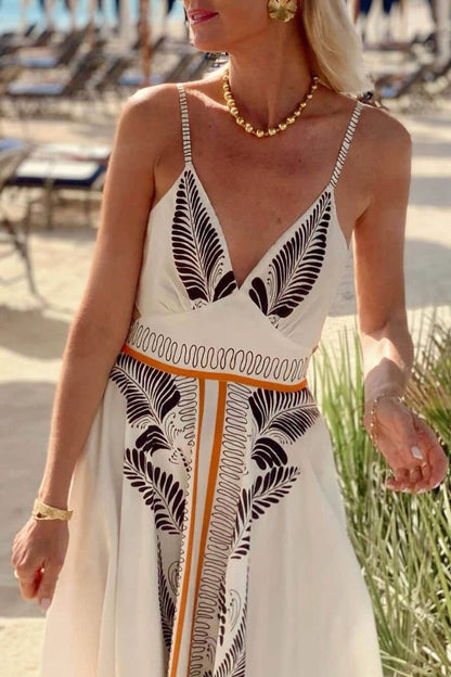 Classic Unique Printed Iinen Sexy V-Neck Bow Tie Waist Maxi Dress