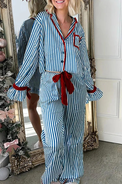 Striped Printed Color-blocked Trim Long-sleeved Loose Top and Elastic Waist Belt Wide-leg Pants Set